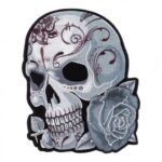 Diamond Studded Gray Sugar Skull & Rose Patch, Ladies Patches